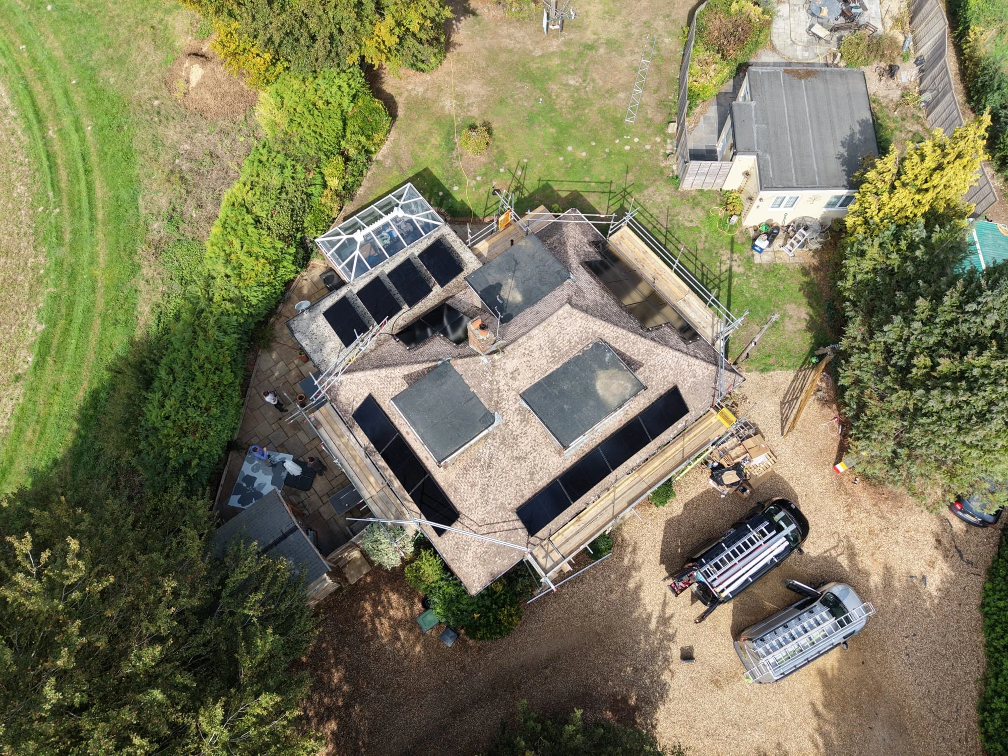 Drone view of residential solar panel installation